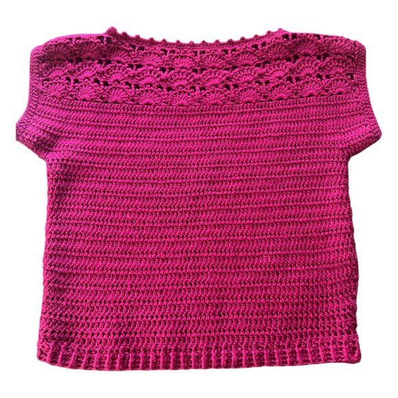 Handmade Knit Fuchsia  Pink Short Sleeve Holiday Cropped Sweater Christmas Small - Picture 2 of 6